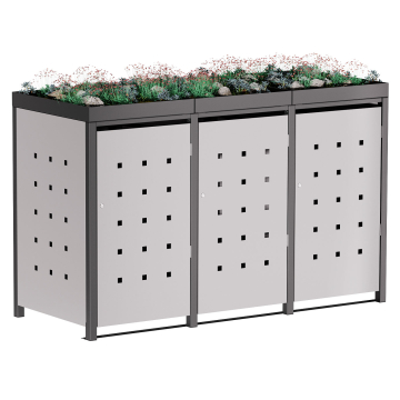 Martha Triple Trash Can Storage Shed, 240L, Light Gray Metallic with Dark Gray Frame