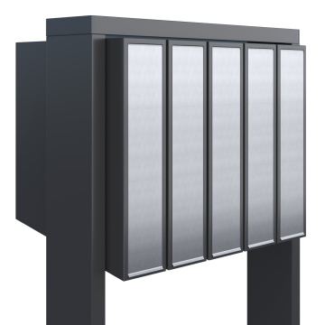 Five-unit mailbox with flag, anthracite finish with stainless steel flap.