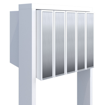 Mailbox system with flags for five units, white with stainless steel doors.