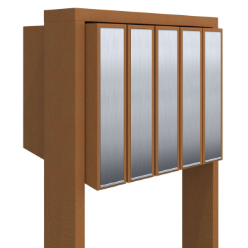 Mailbox with Flag, Five-Unit, Rust Finish with Stainless Steel Doors