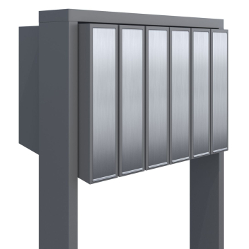Six-unit mailbox with flag, gray metallic finish and stainless steel door.