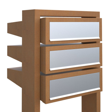 Mailbox system, "Stairs for Three" design, rust finish with stainless steel flap.