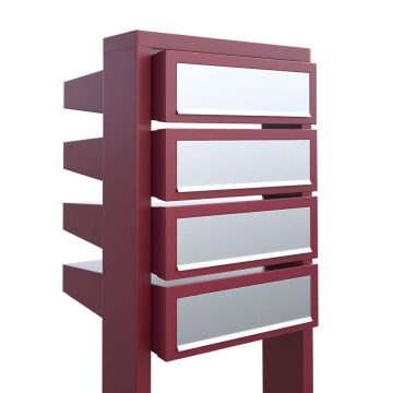 Mailbox system "Stairs for Four," red with stainless steel flap