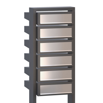 Mailbox unit "Stairs for Six," gray metallic with stainless steel flap.