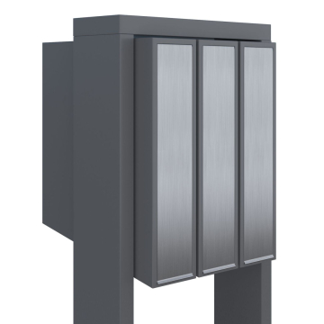 Mailbox system with flag for three, metallic gray with stainless steel flap.
