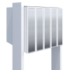 Mailbox system with flags for five units, white with stainless steel doors.